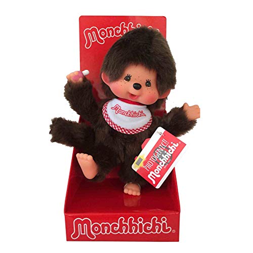 Sekiguchi 255177 - Original Monchhichi Junge, Plüschfigur mit weiß-rotem Lätzchen, ca. 20 cm großes Kuscheltier aus braunem Plüsch von Sekiguchi