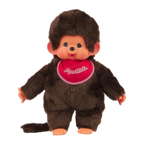 Sekiguchi 255410 - Original Monchhichi Junge, Plüschtier mit rotem Lätzchen und Zöpfen mit Schleifen, ca. 45 cm großes Kuscheltier aus braunem Plüsch von Sekiguchi