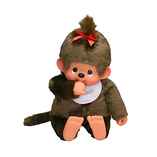 Sekiguchi 255630 - Original Monchhichi Mädchen, Plüschtier mit weiß-pinkem Lätzchen und roter Schleife im Haar, ca. 80 cm großes Kuscheltier aus braunem Plüsch von Sekiguchi