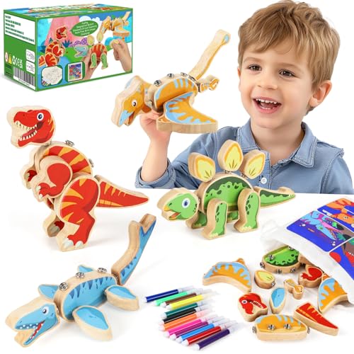 Spielzeug Dino Dinosaurier Holzspielzeug, Schnapp-Dino-Bausteine zum Zusammenbauen, Zerlegbares Spielset, STEM Montessori Pädagogisches von Sektasu