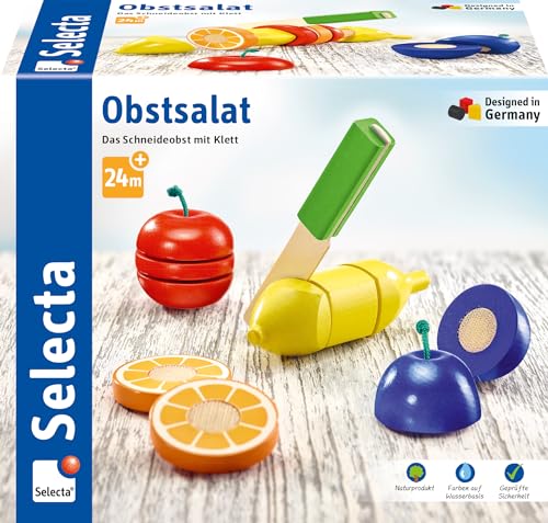 Selecta 62070 Obstsalat, Klett und Schneidespielzeug aus Holz, 11 Teile, Küchen-Spielzeugset, mehrfarbig, S von Selecta