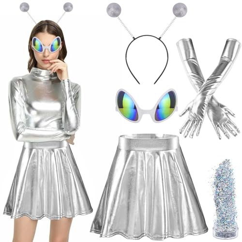 SelfTek Alien Kostüm Set, 5 Stück Alien Kostüm Space Girl Kostüm Damen, Alien Haarreif Alien Brille Weltall Karneval Costume, für Damen Halloween Cosplay Maskerade Fasching von SelfTek