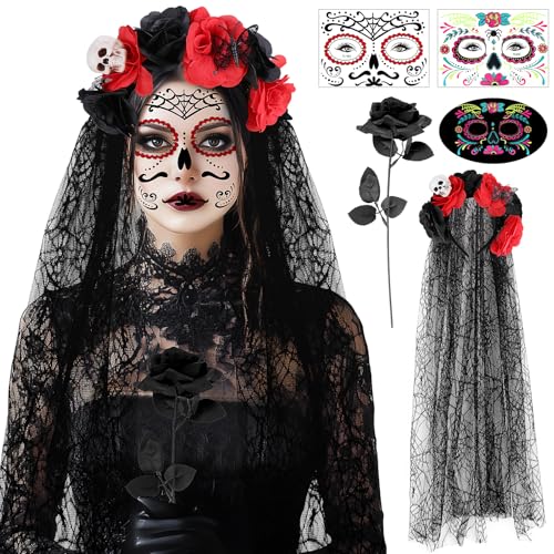 SelfTek Halloween Kostüm Dia De Los Muertos Kostüm Damen, Tag der Toten Kostüm Haarreif und Halloween Gesicht Tattoos, Day of The Dead Kostüm Damen Accessoires von SelfTek