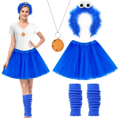 SelfTek Krümelmonster Kostüm Damen Kinder, Cookie Haarreif Krümelmonster Haarreif Tutu Rock Halskette Bein Stulpen Krümelmonster Kostüm Accessories für Karneval Fasching Halloween Cosplay von SelfTek