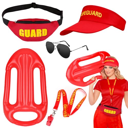 SelfTek Lifeguard Kostüm für Damen und Herren, Rettungsschwimmer Kostüm Set Baywatch Kostüm, Rettungsboje, Zubehör, Rot, Verstellbare Sonnenschutz Hut für Karneval Halloween von SelfTek