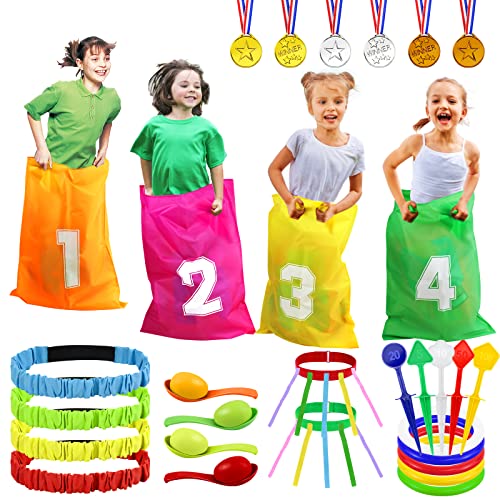 SelfTek Outdoor Spiele für Kinder, Kartoffelsack Rennsäcke, Ringwurfspiel, 3-Bein-Rennbänder, Ei und Löffel Rennspiel, Schwanzfangen Spiel, draußen Ostern Hof Rasen Karneval Partyspiele von SelfTek