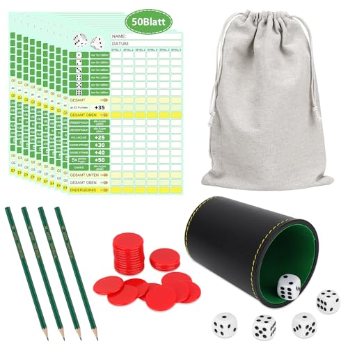 SelfTek Würfel Spiel Set, Leder Würfelbecher mit 5 würfeln, 50 Würfelspiel Block DIN A6, 24 Chips, Würfelspiel Spielblock Gewinnkarten Spielblöcke für Familienspiel von SelfTek