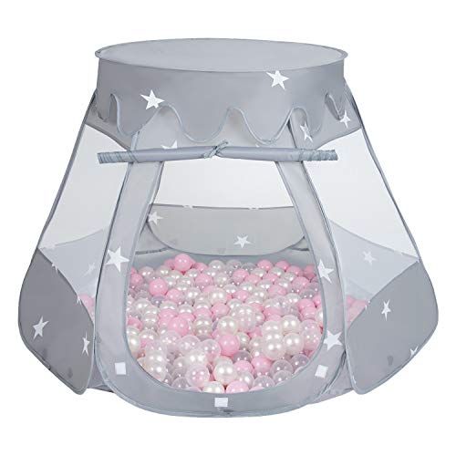 SELONIS Baby Spielzelt Mit Plastikbällen Zelt 105X90cm/300 Stück Bälle Plastikkugel Kinder, Grau:Puderrosa/Perle/Transparent von SELONIS