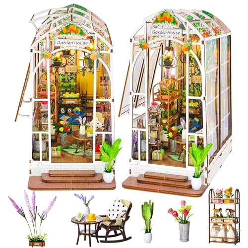 SenZjx Book Nook Bausätze Garden House Gartenhäuschen, Blumenhaus DIY Buchnische Diorama Buchstützen Modell Bausatz 3D Holzpuzzle Miniaturhaus Bausatz Bastelset Geschenke miniverse… von SenZjx