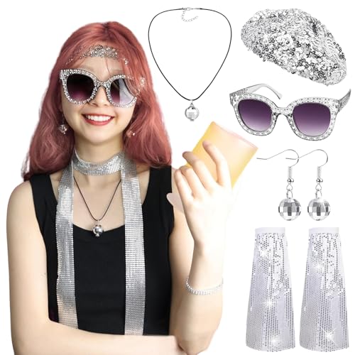 5-teiliges Disco Accessoires 70er Jahre Kostüm – Glitzer Hut, Sonnenbrille, Frieden Zeichen Halskette, Ohrringe und Beinstulpen – Perfektes 70er Jahre Outfit Damen für Fasching und Karneval von Senchinner