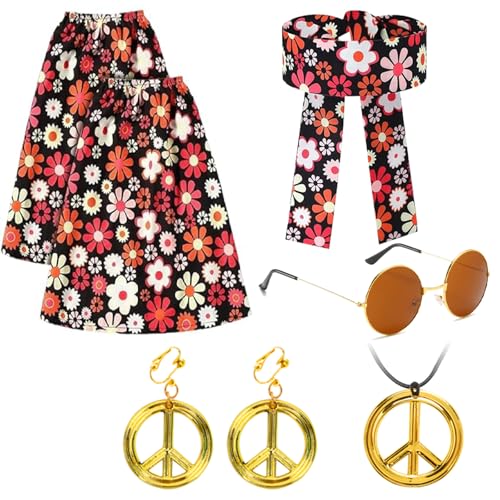 5er Set Hippie Kostüm Damen Set - 70er Jahre Hippie Accessoires mit Beinstulpen,Stirnband,Sonnenbrille,Frieden Zeichen Halskette und Ohrringen,Flower Hippie Kostüm für Karneval Disco Party Cosplay (A) von Senchinner