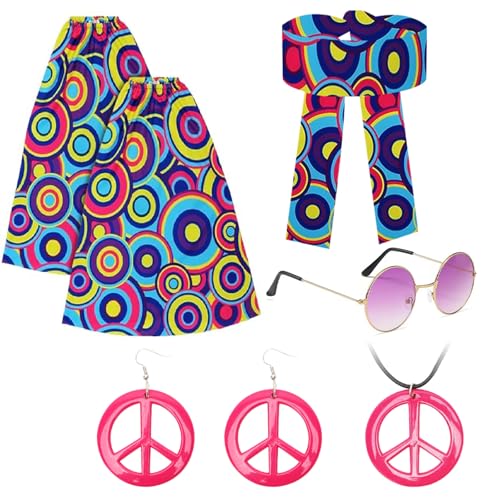 5er Set Hippie Kostüm Damen Set - 70er Jahre Hippie Accessoires mit Beinstulpen,Stirnband,Sonnenbrille,Frieden Zeichen Halskette und Ohrringen,Flower Hippie Kostüm für Karneval Disco Party Cosplay-B von Senchinner