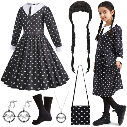 Senchinner Wednesday Kostüm Kleid für Mädchen - 6 Stück Gothic Schwarzer Kleid mit Perücke,Halskette,Strümpfe,Ohrringe und Tasche,Wednesday Kostüm Kinder Mädchen,Mittwoch Familie Kostüm Kleider-120 von Senchinner