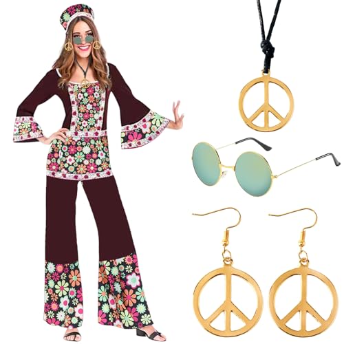 60er 70er Jahre Hippie Kostüm Damen Set - Hippie Kostüm Damen mit Hippie Brille Kopftuch Halskette Ohrringe,70er Jahre Bekleidung Damen Disco Outfit Faschingskostüm Mädchen-S von Senchinner