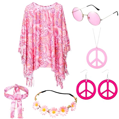 6 Stück Hippie Kostüm Set - 60er 70er Jahre Bekleidung Accessoires mit Hippie Poncho Frieden Zeichen Ohrringe Stirnband Hippie Sonnenbrillen Halskette,Fasching Karneval Kostüm Damen-A von Senchinner