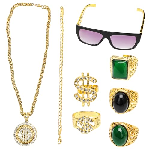 8 Stück Zuhälter Kostüm, 80er 90er Jahre Outfit Herren Hip Hop Kostüm, Goldkette Herren Gangster Accessoires, Sonnenbrille, Goldene Dollar Kette, Ring für Karneval, Fasching, Mottoparty von Senchinner