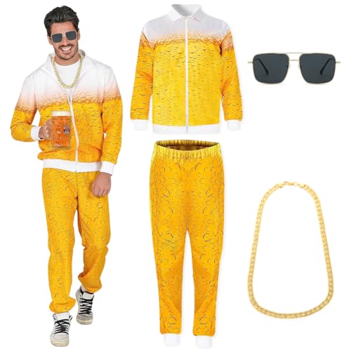 80er Jahre Kostüm Damen und herren Bieranzug – Trainingsanzug Jacke & Hose mit Accessoires (Sonnenbrille, Halskette) – 80er und 90er Jahre Outfit für Karneval, Mottopartys und Schlagerpartys-M von Senchinner