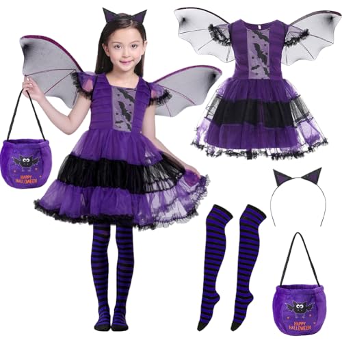 Halloween Kostüm Fledermaus Mädchen - Kinder Fledermaus Kleid mit Haareif,Flügel,Stirnband,Strümpfe und Handtasche,Karneval Fasching Bekleidung,für Halloween Karneval Cosplay Party (110) von Senchinner