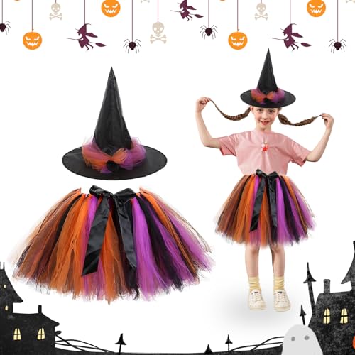 Hexenkostüm Mädchen - Hexenkostüm Kinder,Faschingskostüme Halloween Karneval Kostüm,Tüllrock Tütü Rock Bunt, Zubehör Hexenhut,Karneval Kostüm Mädchen,Für Fasching Cosplay Party-A von Senchinner