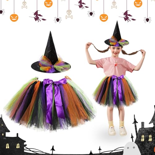 Hexenkostüm Mädchen - Hexenkostüm Kinder,Faschingskostüme Halloween Karneval Kostüm,Tüllrock Tütü Rock Bunt, Zubehör Hexenhut,Karneval Kostüm Mädchen,Für Fasching Cosplay Party-B von Senchinner