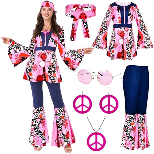 Hippie Kostüm Damen,60er 70er Jahre Outfit Damen,Hippie Kleidung Damen, Kostüm Damen Fasching,Faschingskostüme Hippie Mottoparty Kostüm Damen,Hippie Kleidung Schlaghose für Damen Disco Outfit-XL von Senchinner