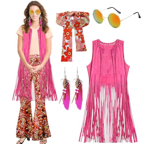 60er 70er Jahre Hippie Kostüm Damen Set mit Weste, Kopftuch, Brille, Ohrringe 70er Hippie Accessoires Hippie Kleidung Damen,Kleidung Bekleidung Disco Outfit Faschingskostüm Mädchen-XXL von Senchinner