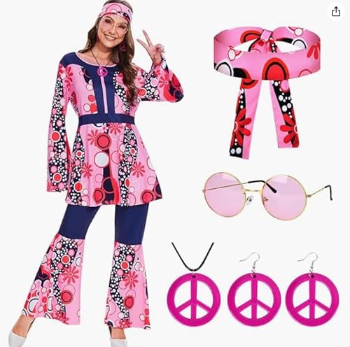 Hippie Kostüm Damen – 60er 70er Jahre Kleid mit Accessoires (Schlaghose, Oberteil, Rock, Stirnband, Brille, Ohrringe, Halskette) – Ideal für Fasching und Mottopartys-S von Senchinner