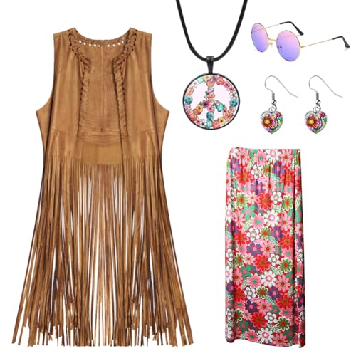 Hippie Kostüm Damen - 70er jahre outfit damen,Fransenweste Damen,inklusive Quastenweste, Boho-Rock, Hippie-Brille, Stirnband, Peace-Zeichen-Schmuck, perfektes Outfit für Karneval,Partys-XXL von Senchinner