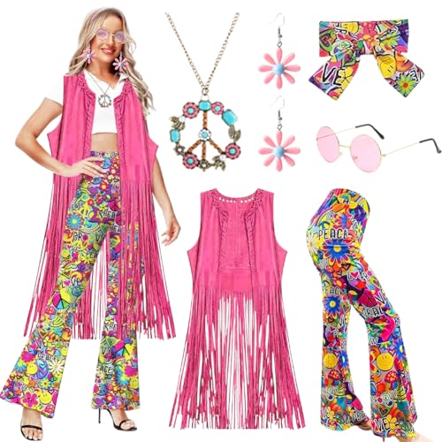 Hippie Kostüm Damen Set Fransen ärmellos Weste Hippie Kleidung Damen,60er 70er Bekleidung Damen,Faschingskostüme damen mit Weste,Hose,Turban,Brille,Halskette und Ohrringe-L von Senchinner