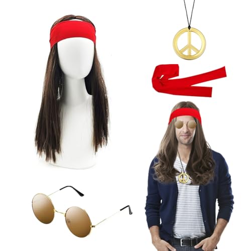 Hippie Kostüm Herren Set 4-teilig: Perücke + Sonnenbrille + Peace Halskette + Stirnband, Herren Hippie Kostüm für Karneval, Fasching, 70er 80er Jahre Mottoparty, Halloween Verkleidung-A von Senchinner