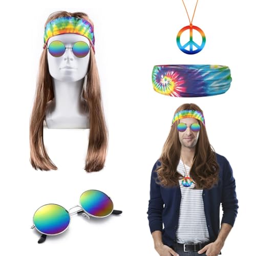 Hippie Kostüm Herren Set 4-teilig: Perücke + Sonnenbrille + Peace Halskette + Stirnband, Herren Hippie Kostüm für Karneval, Fasching, 70er 80er Jahre Mottoparty, Halloween Verkleidung-B von Senchinner