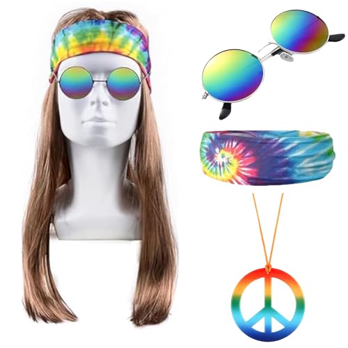 Hippie Kostüm Set - 4 Stück Hippie Kleidung Herren Accessoires,Hippie Perücke Sonnenbrille Peace Halskette Anhänger Batik Stirnband Accessories,Herren Damen 70er Jahre Bekleidung Karneval Fasching-B von Senchinner