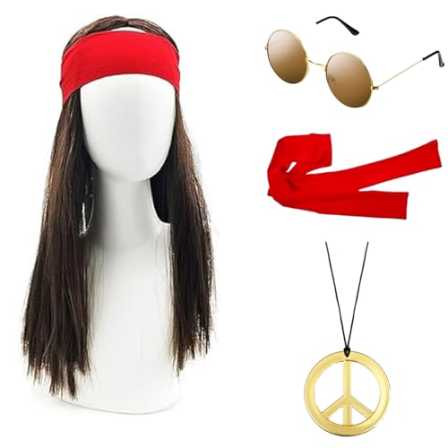 Hippie Kostüm Set 4tgl,Hippie Perücke Sonnenbrille Peace Halskette Anhänger Batik Stirnband Accessories,Hippie Kostüm Damen Herre,Herren Damen 70er Jahre Bekleidung Karneval Fasching-A von Senchinner