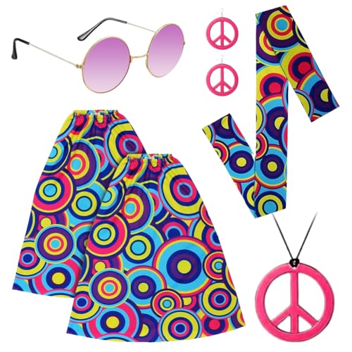 5-teiliges Hippie Kostüm Damen Set - 70er Jahre Outfit - Inkl. Beinstulpen, Friedenszeichen-Halskette, Retro-Sonnenbrille, Stirnband & 2 Ohrringen für Karneval, Mottopartys oder Hippie Kostüm Party-B von Senchinner