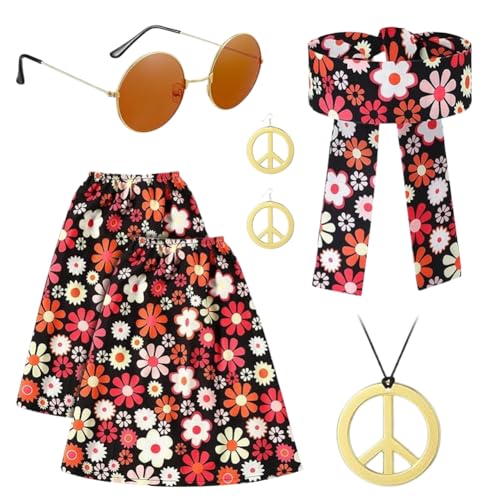 5-teiliges Hippie Kostüm Damen Set – 70er Jahre Outfit mit Beinstulpen, Stirnband, Sonnenbrille, Frieden Zeichen Halskette und Ohrringen – Perfektes Karneval Damen Kostüm für Frauen und Mädchen-A von Senchinner