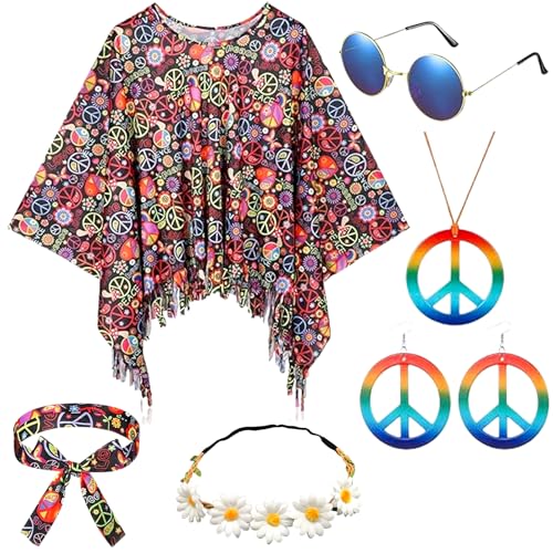 Hippie Kostüm Set mit 6 Teilen, Poncho, Frieden Halskette, Ohrringe, Stirnband, Sonnenbrille, 60er 70er Jahre Stil für Damen-A von Senchinner