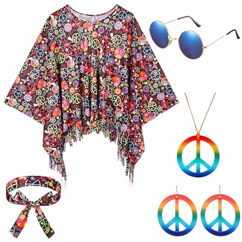 Hippie Kostüm Set mit 6 Teilen, Poncho, Frieden Halskette, Ohrringe, Stirnband, Sonnenbrille, 60er 70er Jahre Stil für Damen-A von Senchinner