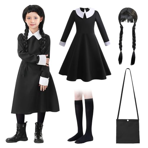 Senchinner Wednesday Kostüm Kinder Mädchen 4-teilig Schwarz Gothic Kleid Halloween Kostüm mit Kleid, Perücke, Strümpfe, Umhängetasche für Karneval und Cosplay-130CM von Senchinner