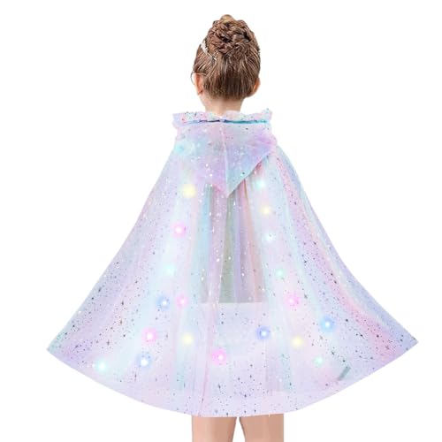 Leuchtende Prinzessin Cape,LED Prinzessin Cape,LED Prinzessin Kapuzenumhang,Kinder Umhang Prinzessin Bunt Cape,Tüll Umhang Glitzer Pailletten Cape Prinzessin,Prinzessin Cape für Karneval Cosplay Party von Senchinner