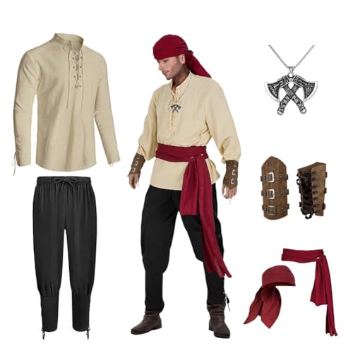 Mittelalter Kleidung Herren Set, Herren Renaissance Kostüm Set, Mittelalterliches Piratenhemd, Mittelalter Hose Viking Kostüm mit Knöchelriemen, Gürtel, Handgelenkschützer-M von Senchinner