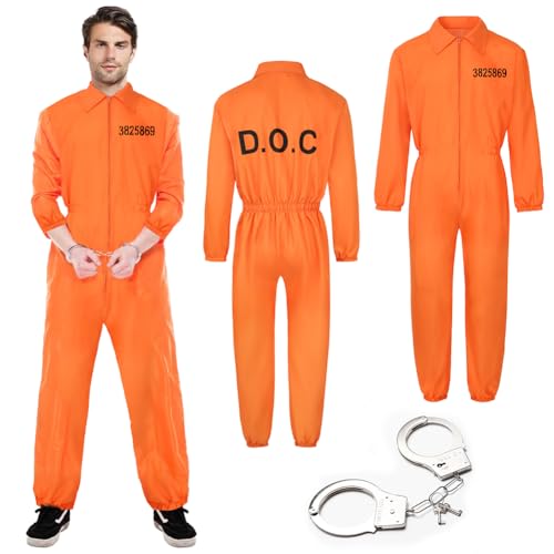 Sträfling Kostüm Herren Damen Orange Prisoner Costume – Häftling Kostüm Orange mit Handfesseln – Gefangener Overall für Halloween, Karneval, Cosplay und Party für Erwachsene-XL von Senchinner