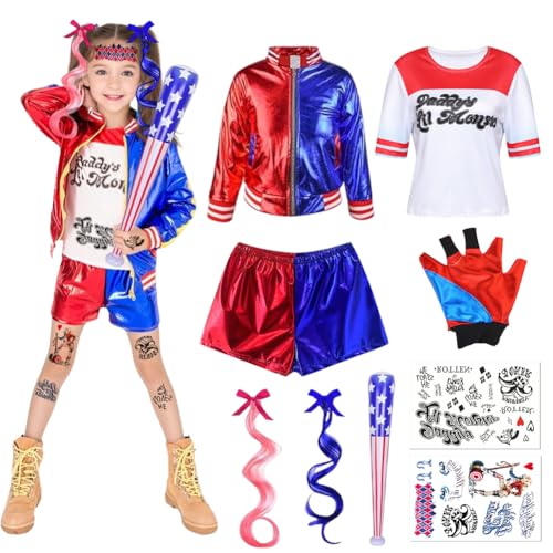 Senchinner Quinn Kostüme Kinder,Quinn Kostüm Cosplay Costume Set mit Baseballschläger Aufblasbar,Temporäre Tattoos,Handschuhe,Jacke,T-Shirt,Shorts,Perückenfür Karneval Cosplay (Kinder, 120) von Senchinner