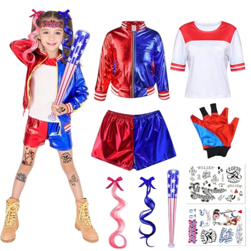 Senchinner Quinn Kostüme Kinder,Quinn Kostüm Cosplay Costume Set mit Baseballschläger Aufblasbar,Temporäre Tattoos,Handschuhe,Jacke,T-Shirt,Shorts,Perückenfür Karneval Cosplay(Kinder, 150) von Senchinner