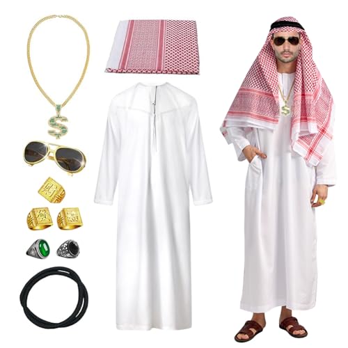 Scheich Kostüm Herren, Arabisches Weißes Gewand mit Kopftuch, Ring, Halsketten, Sonnenbrille-XL von Senchinner