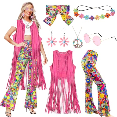 60er 70er Jahre Hippie Kostüm Damen Set mit Weste,Hose,Turban,Girlande,Brille,Halskette und Ohrringe 70er Hippie Accessoires Damen,Kleidung Bekleidung Disco Outfit Faschingskostüm Mädchen (M) von Senchinner