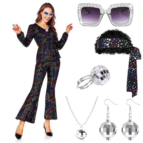 Senchinner 60er 70er Jahre Outfit Damen,Disco Kostüm Damen,Disco Outfit Damen,Karneval kostüm Outfit Damen,Party Outfit 60er 70er,mit Perücke Halskette Armband Ohrringe Ring für Party (Schwarz, XXL) von Senchinner