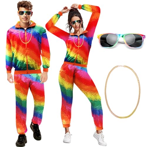 80er 90er Jahre Outfit Herren Damen,Faschingskostüme Damen Männer,Disco Kostüm Partnerkostüme,Trainingsanzug Jacke Hose Anzug 80er Accessoire,Jogginganzug,Retro-Style, Bad Taste Party, Karneval-M von Senchinner