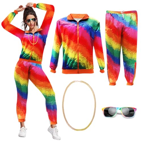 80er 90er Jahre Outfit Herren Damen,Faschingskostüme Damen Männer,Disco Kostüm Partnerkostüme,Trainingsanzug Jacke Hose Anzug 80er Accessoire,Jogginganzug,Retro-Style, Bad Taste Party, Karneval-XL von Senchinner