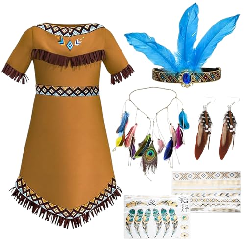 Indianer Kostüm Kinder Mädchen mit Indianer Kopfschmuck Feder Stirnband Haarschmuck Tattoo,Indianer Kostüm Mädchen,Indianer Kostüm Kinder,Faschingskostüme Kinder Kostüm-160 von Senchinner