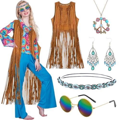 Senchinner Hippie Kostüm Damen Set mit Fransenweste, Kopfband, Kette, Ohrringen und Sonnenbrille, 70er Jahre Stil, Karneval Faschingskostüm für Damen-L von Senchinner